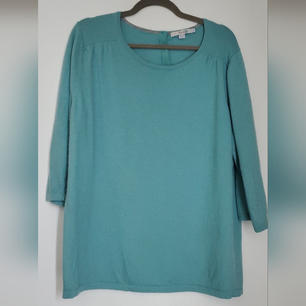 Light Longer Boden Scoop-Neck Sweater in Aqua, Gathered Shoulders, Size 18-22